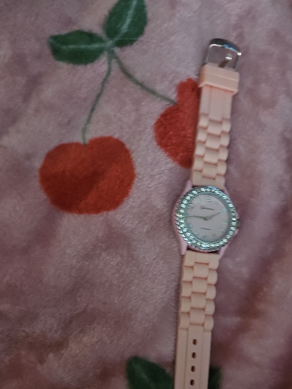 Geneva Women's Pink Crystal Bezel Silicone Strap Watch